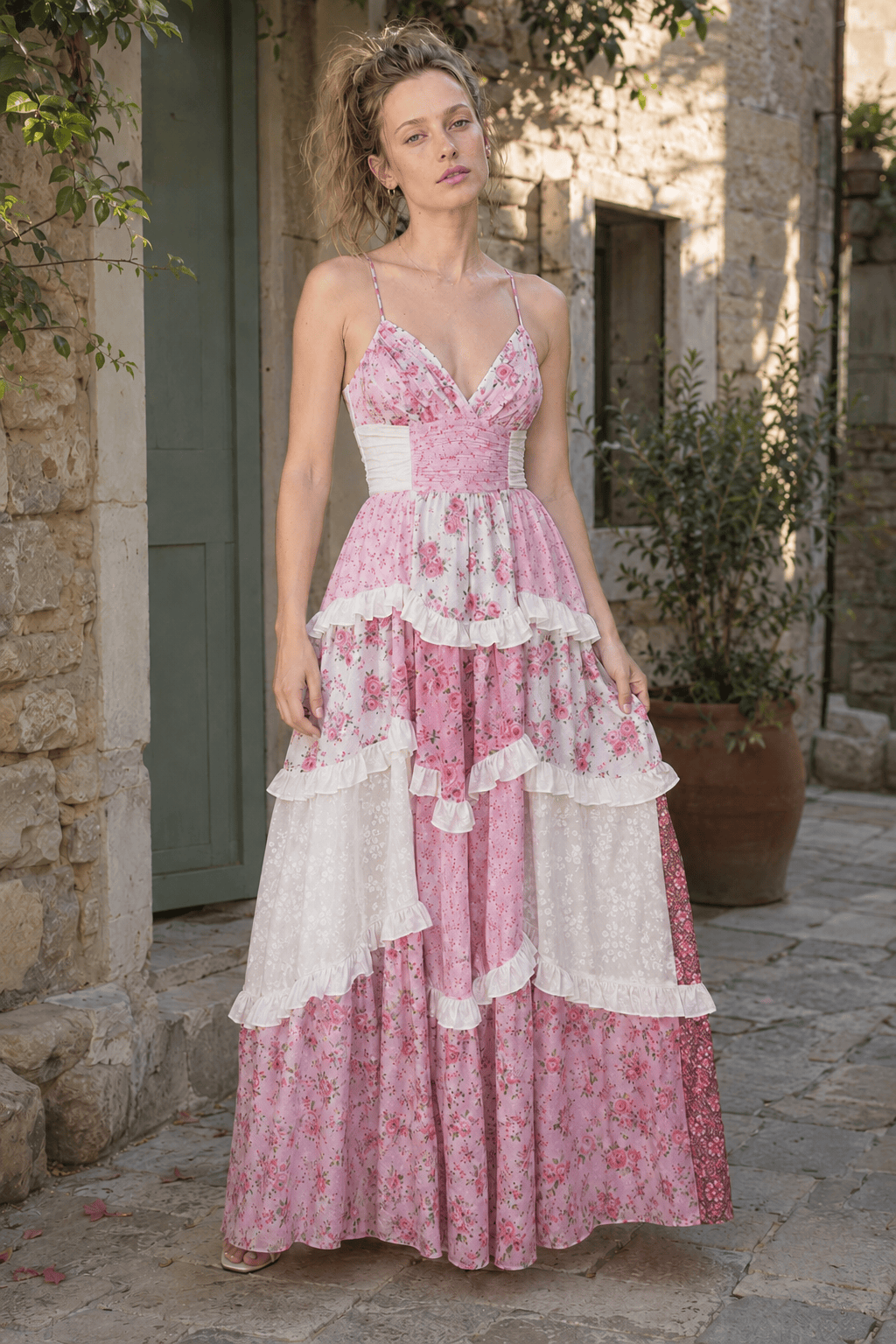 Floral Print Spaghetti Strap Ruffle Tiered Maxi Dress