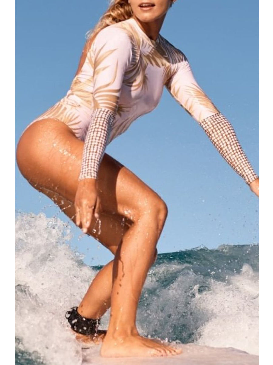 Leaf Printed Patchwork White One-piece Swimsuit - Fashionpara