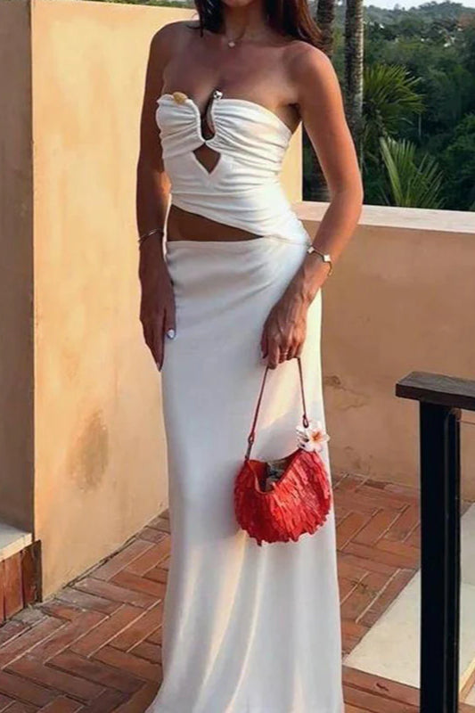 Strapless Sexy Hollow White Maxi Dress