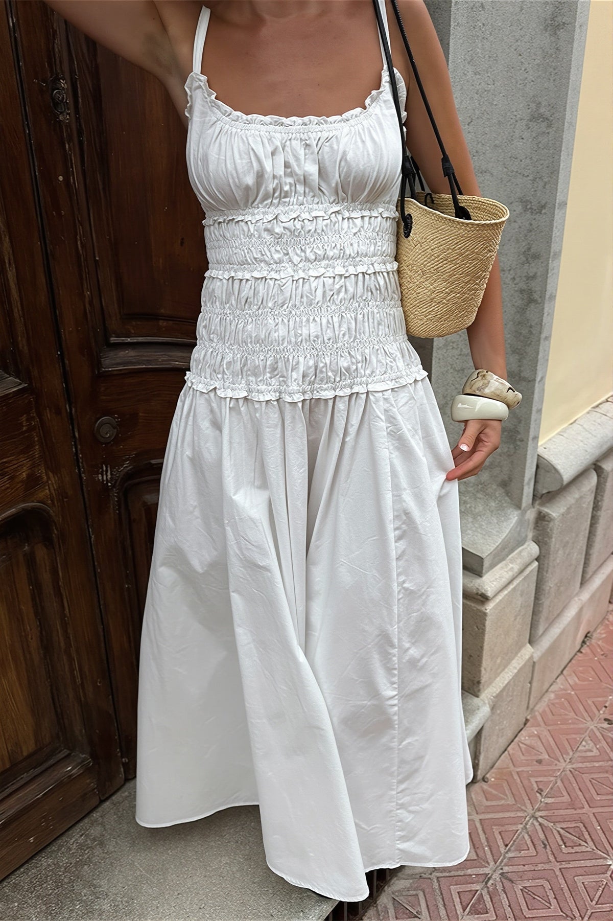 Shirred Scoop Neck Strappy Tiered Midi Dress