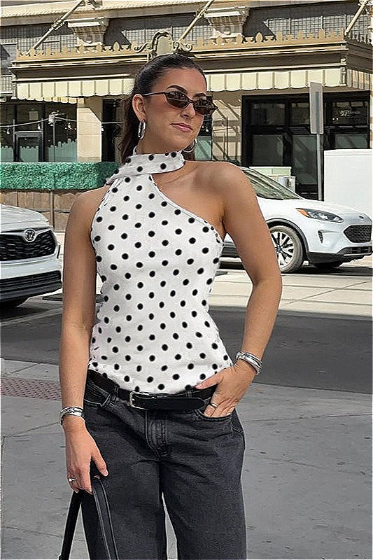Polka Dot Halter Backless Tie Shoulder Crop Top - Fashionpara