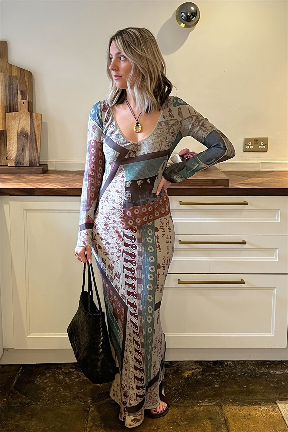 Abstract Print Scoop-Neck Long Sleeve Bodycon Maxi Dress