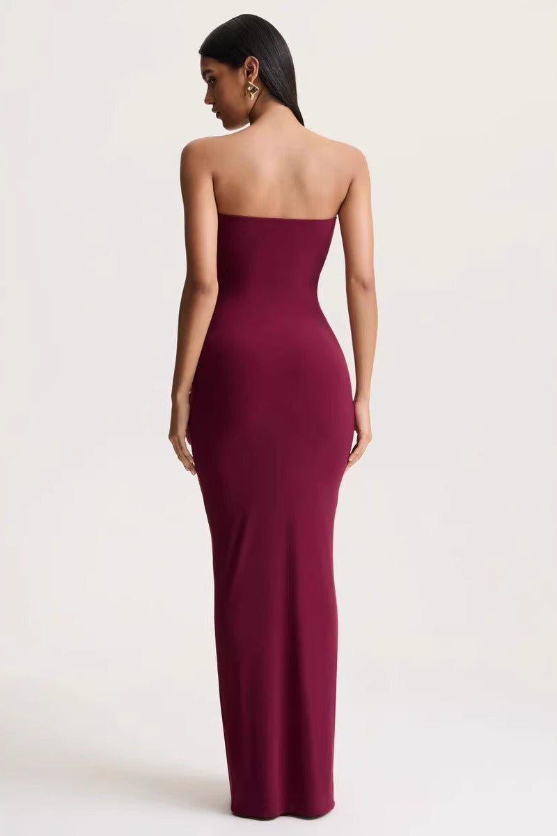 Strapless Sweetheart Ruched Gold Ring Draped Maxi Gown