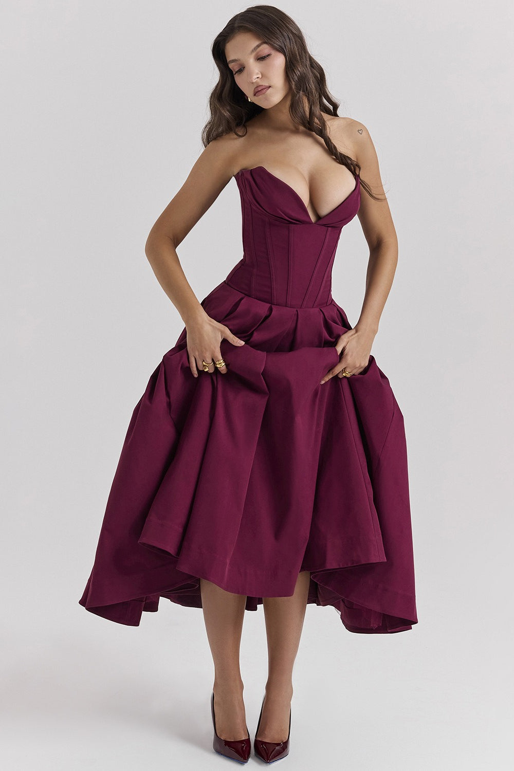 Strapless Corset Satin Fit and Flare High Low Midi Dress