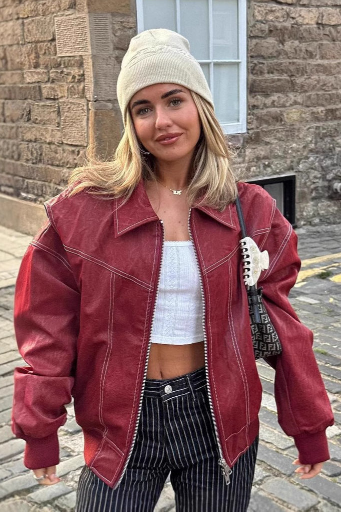Color-Block Paneled Collared Leather Jacket