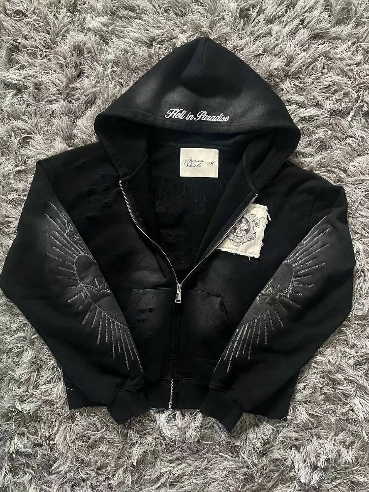 Embroidered Patch Zip Up Hoodie