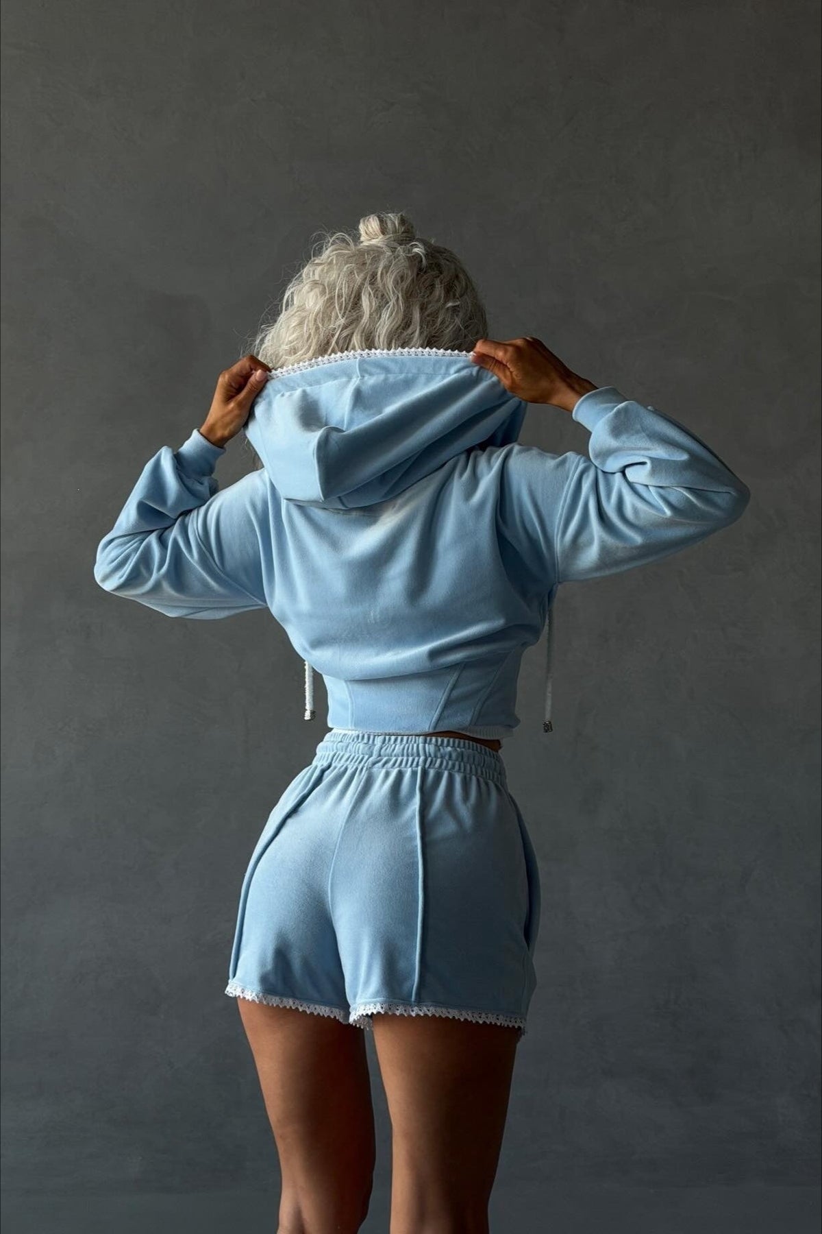 Contrast Velour Zip Front Shorts Hoodie Two Piece Set