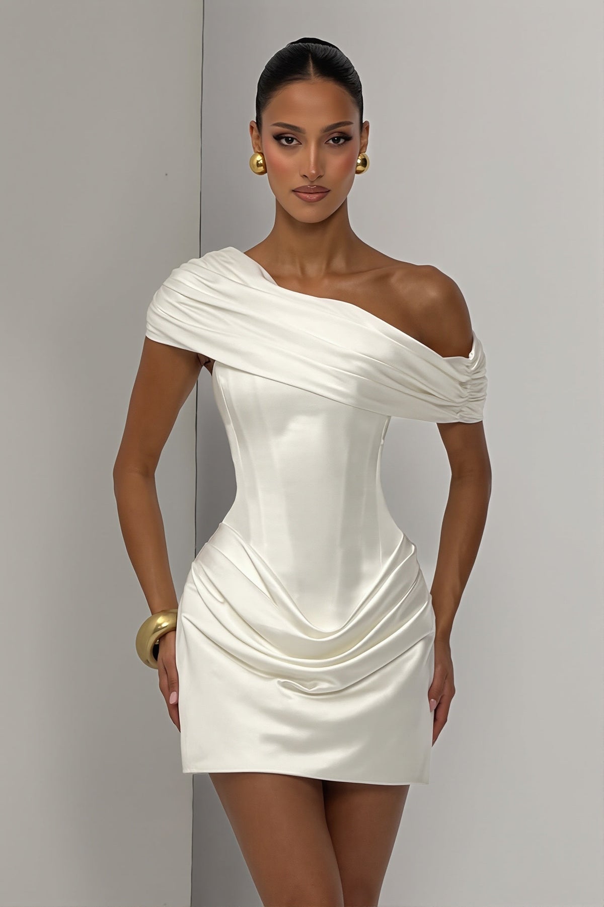 Satin Off Shoulder Ruched Draped Corset Mini Dress 4