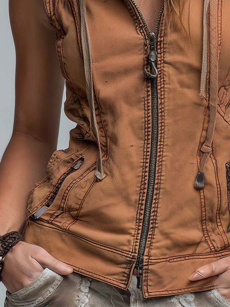 Vintage Washed Utility Style Hoodie Vest - Fashionpara