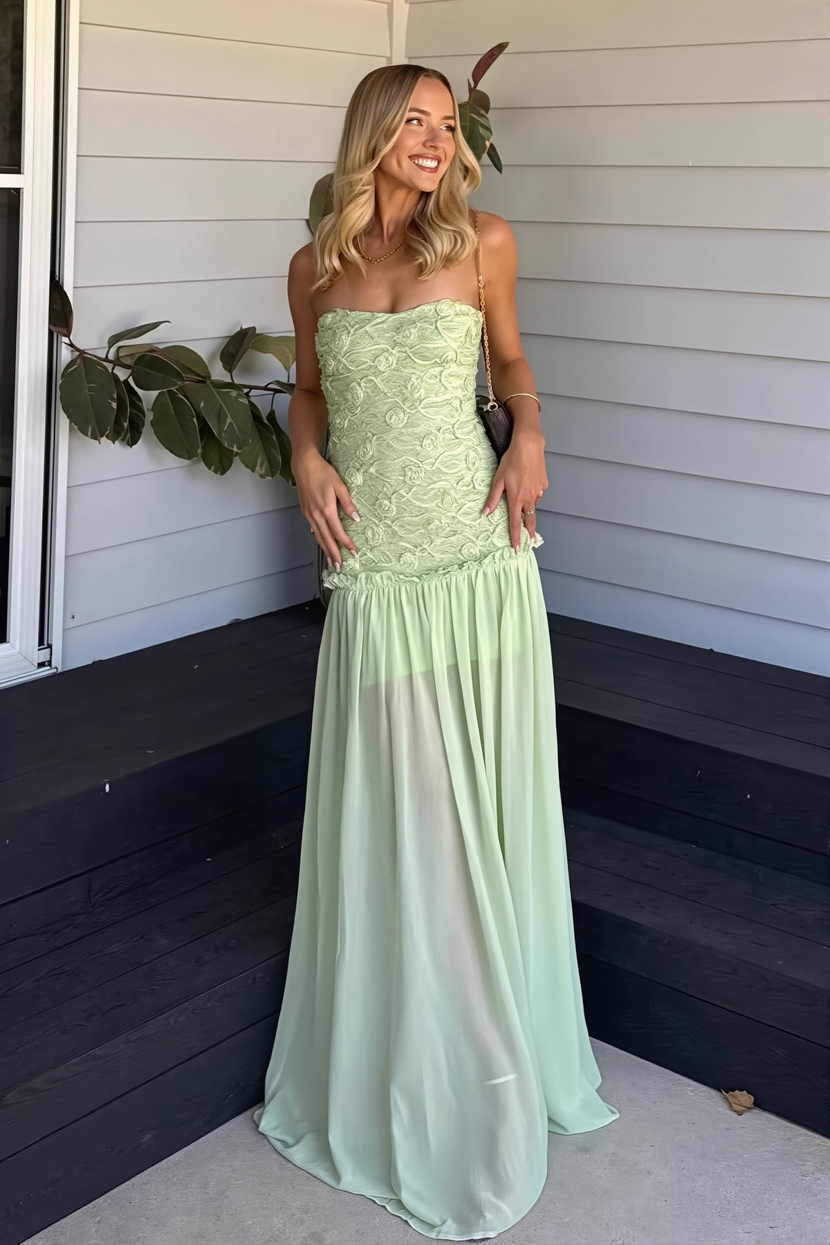 Strapless Textured Bodice Sheer Maxi Gown 2