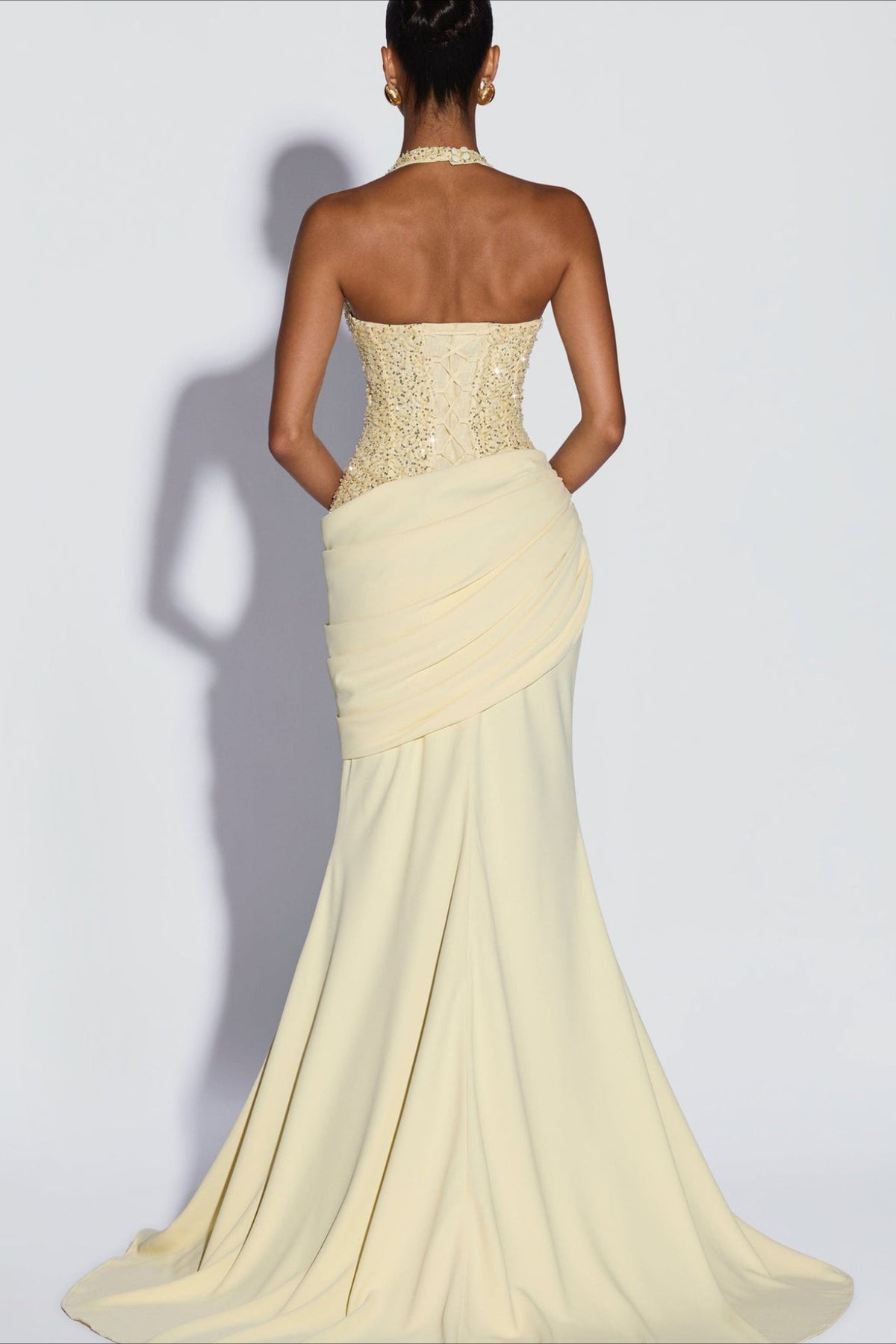 Sequin Bodice Halter Plunge Draped Mermaid Gown