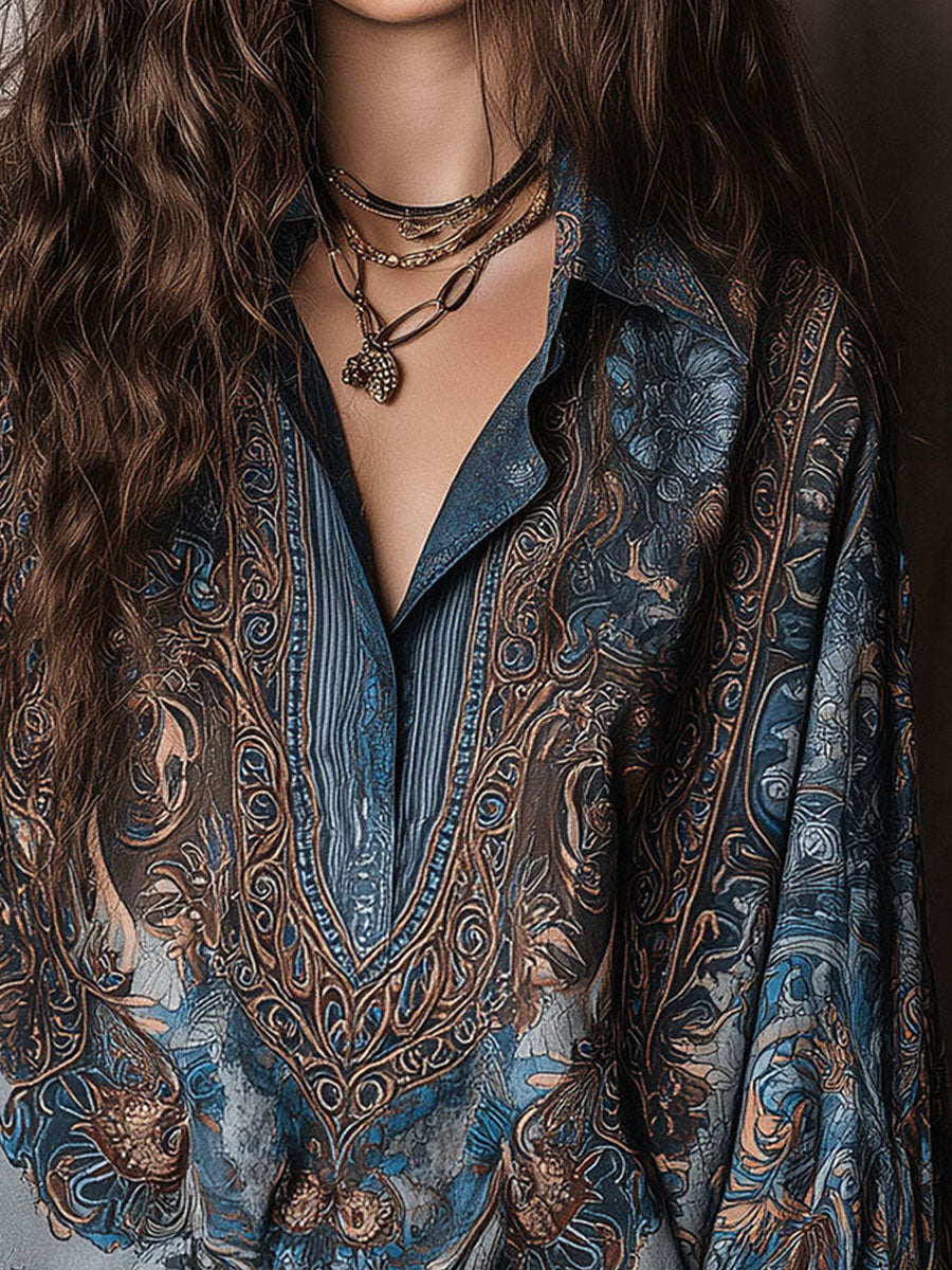 Retro Blue Bronze Baroque Paisley Print Loose Blouse - Fashionpara