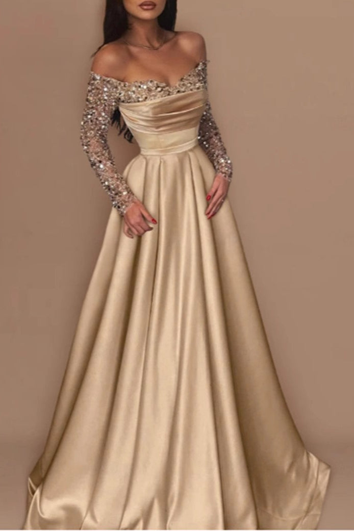 Off Shoulder Long Sleeve Sequin Draped Satin A-Line Maxi Gown