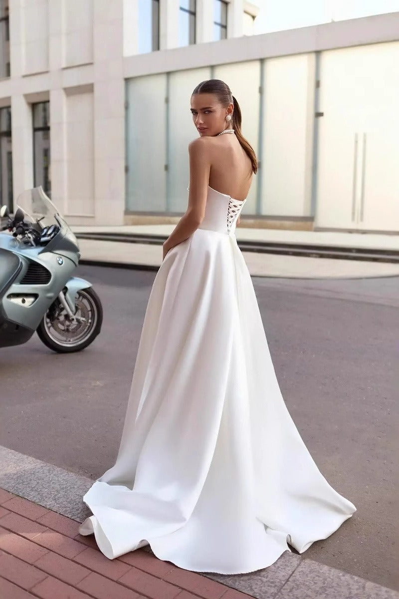 Satin Strapless Sweetheart High-Slit A-Line Gown