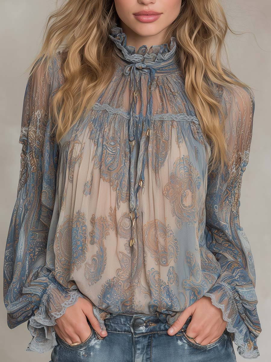 Vintage Sheer Paisley Ruffle Blouse - Fashionpara