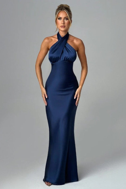 Satin Backless Tie Sleeveless Formal Dress