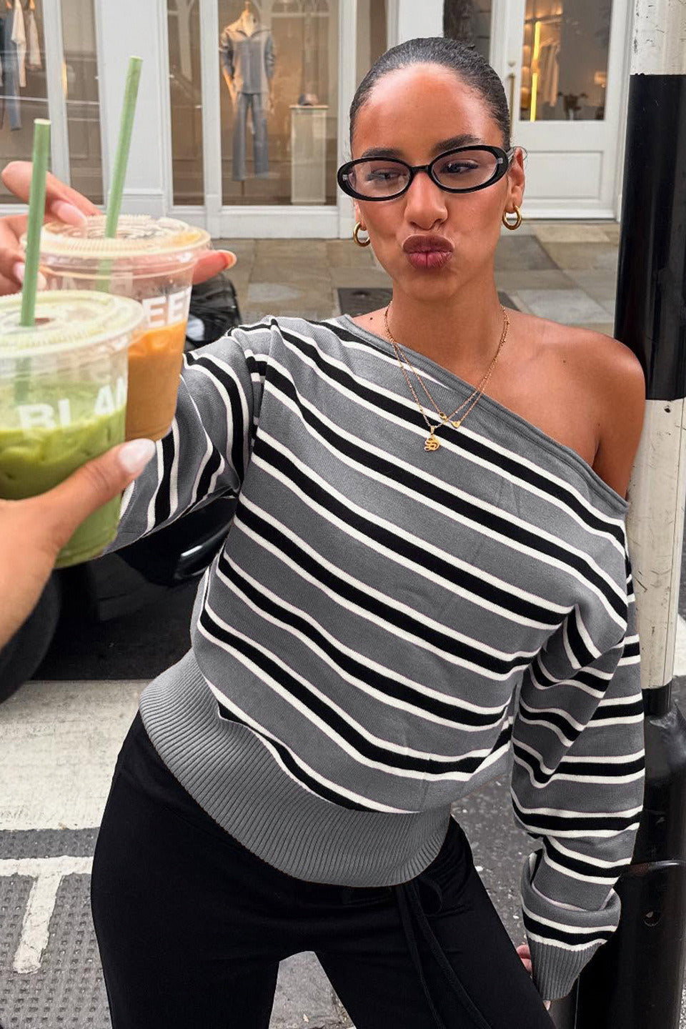 PrincessAce Off Shoulder Striped Long Sleeve Sweater