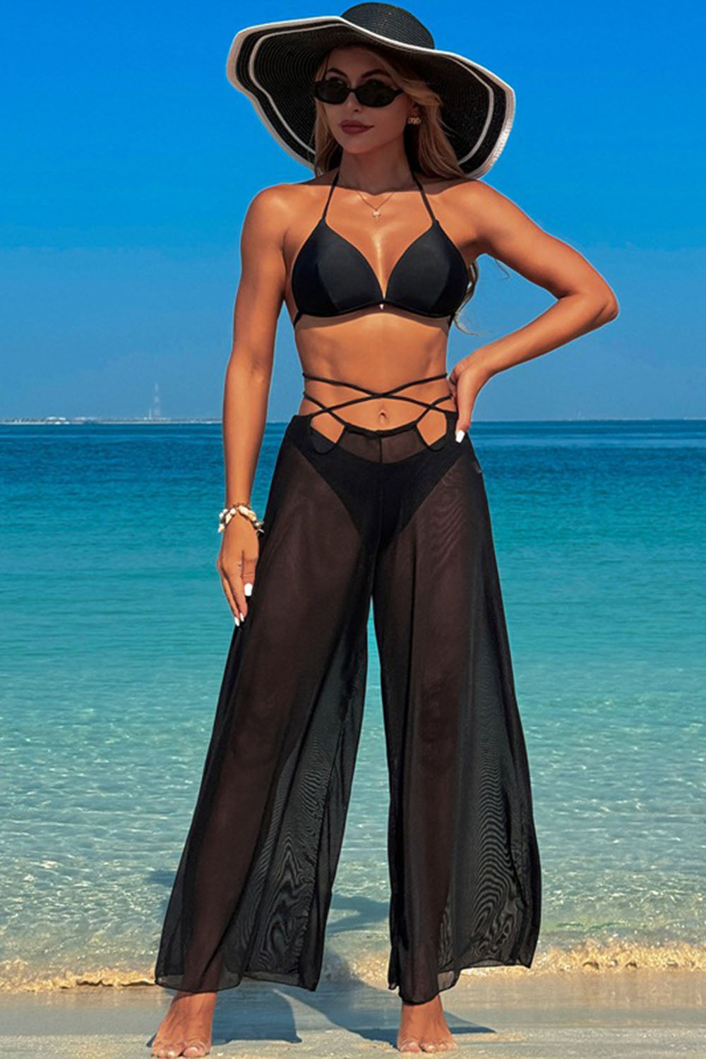 Solid color halter neck trousers three-piece swimsuit - Fashionpara
