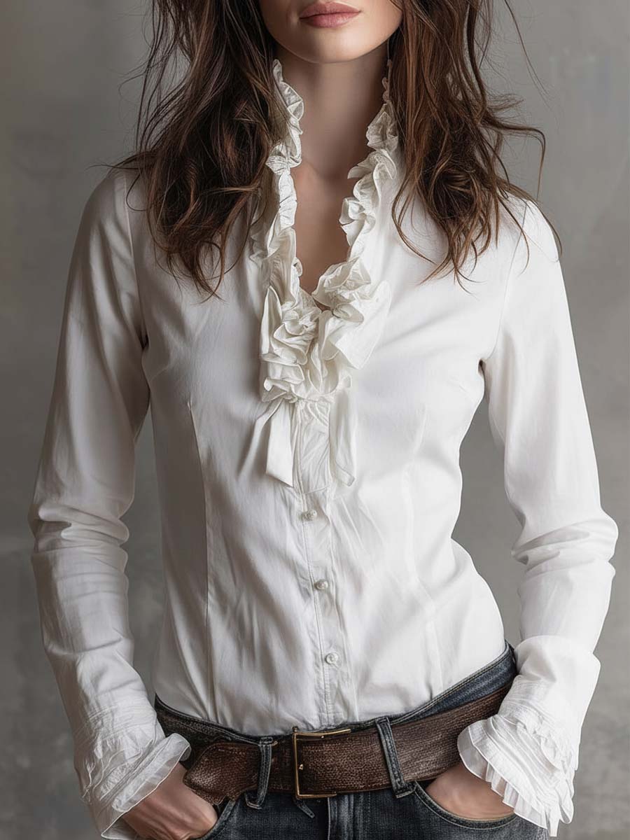 Vintage-Inspired White Ruffle Trim Blouse - Fashionpara