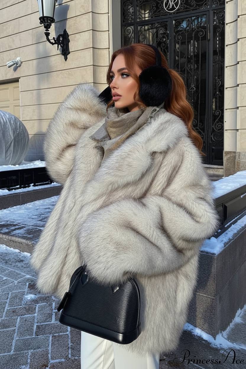 White Tip-Dyed Faux Fox Fur Mid-Length Coat - Fashionpara