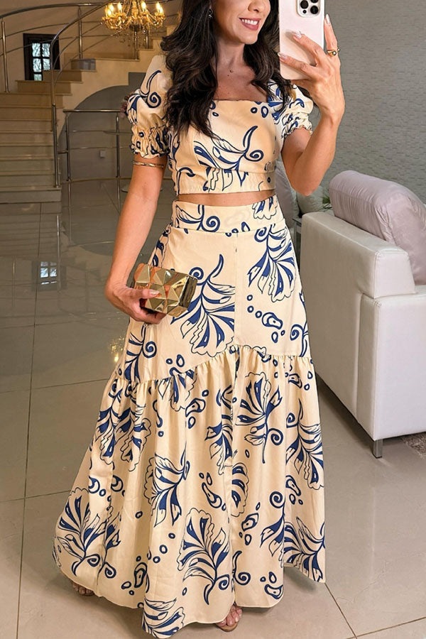 Lillah Unique Print Puff Sleeve Smocked Top and Elastic Waist Maxi Skirt Set - Fashionpara