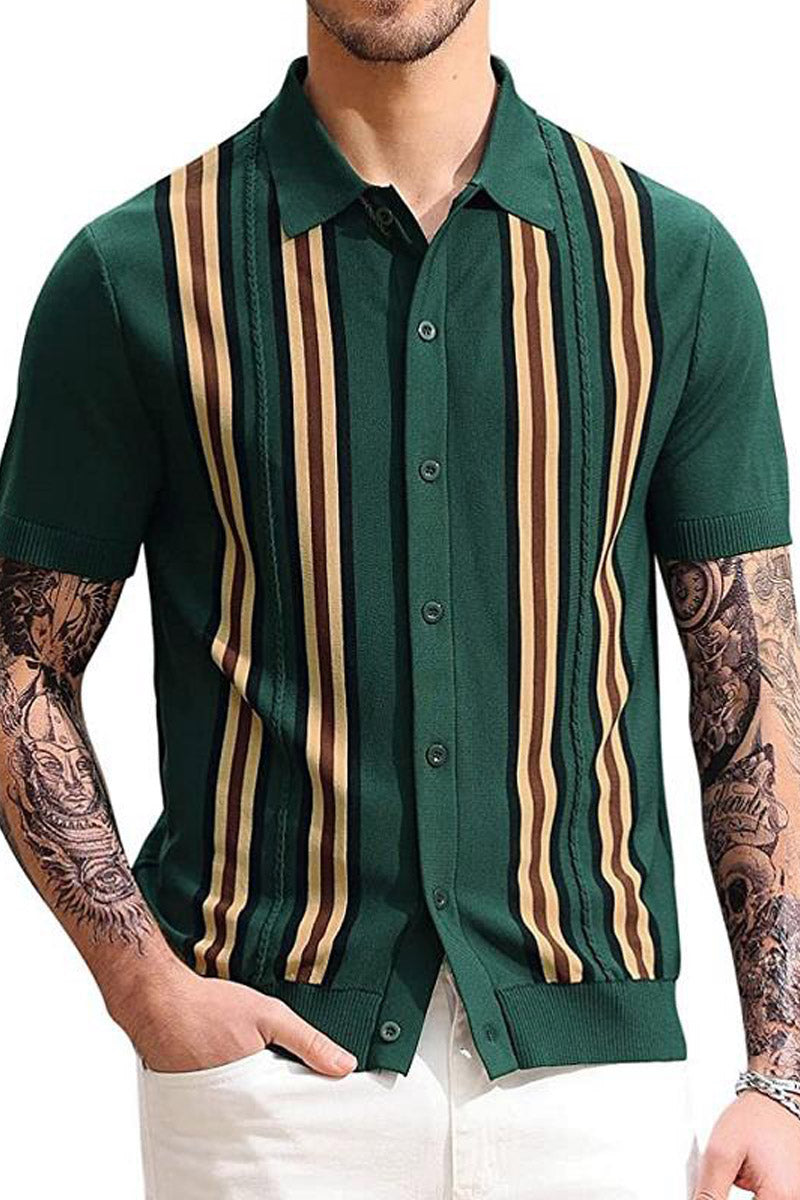 Men's Green Striped Short Sleeve Polo Shirt - Fashionpara