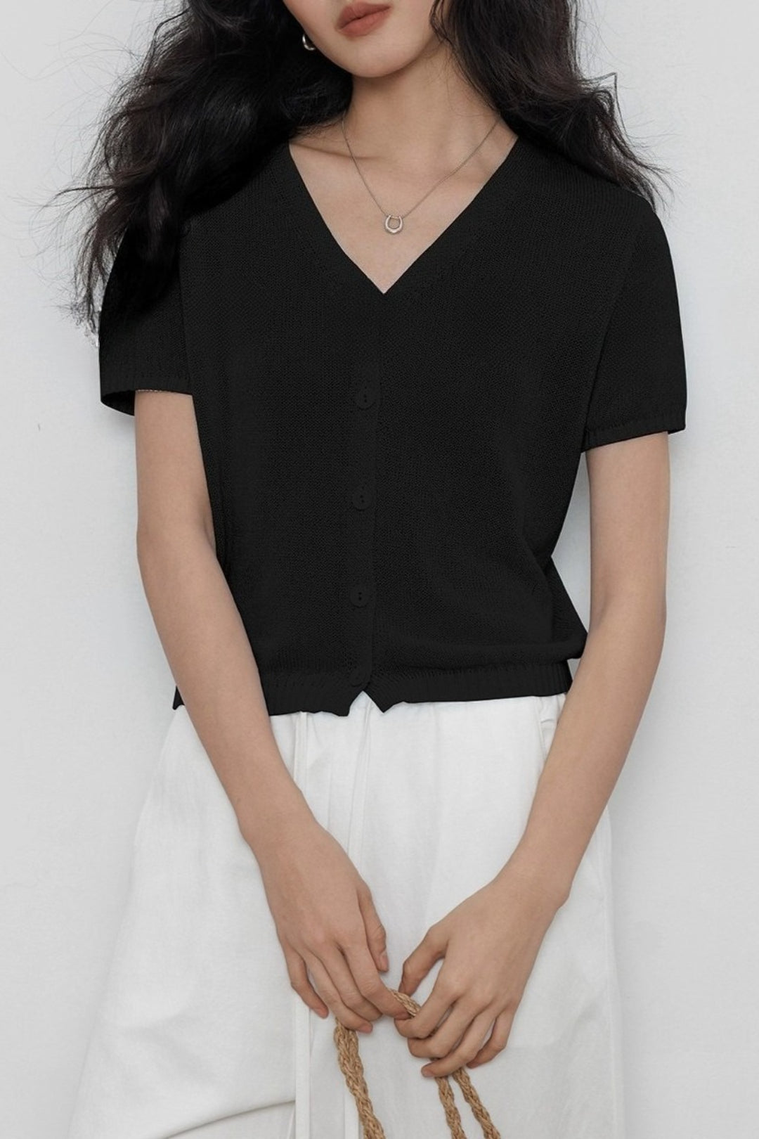 V-Neck Short Sleeve Knit Top