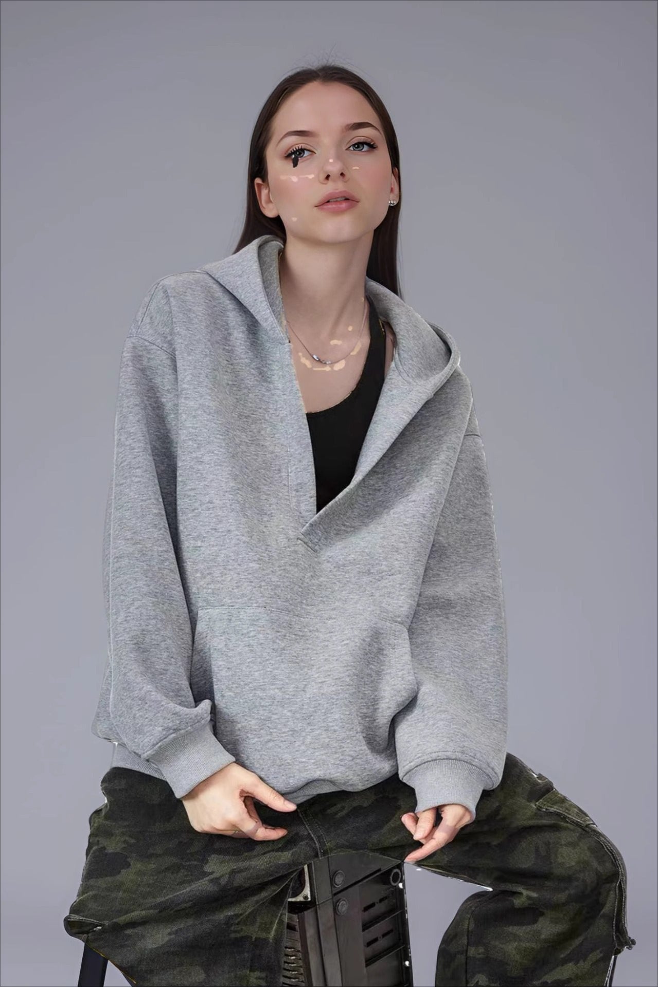 V Neck Loose Fit Pullover Hoodie - Fashionpara