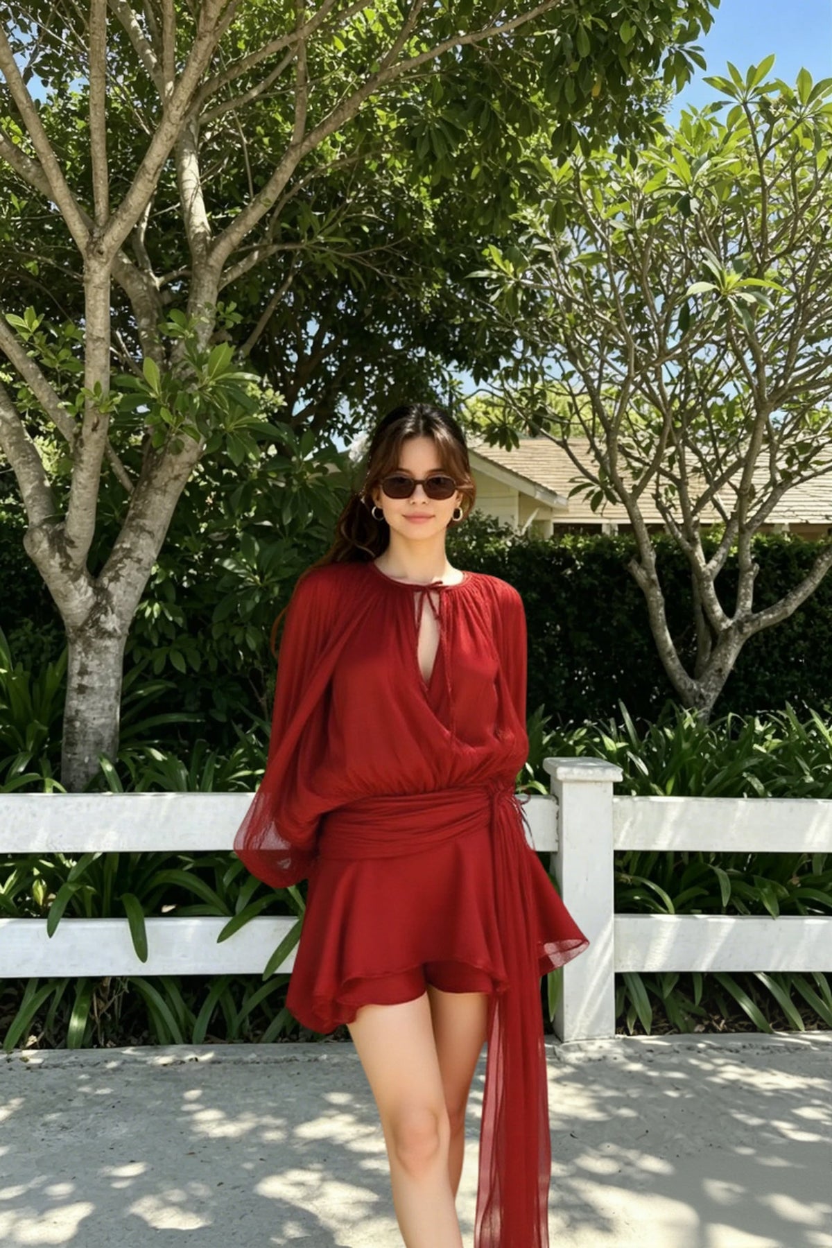 Sheer Metallic Balloon Sleeve Tie-Front Playsuit