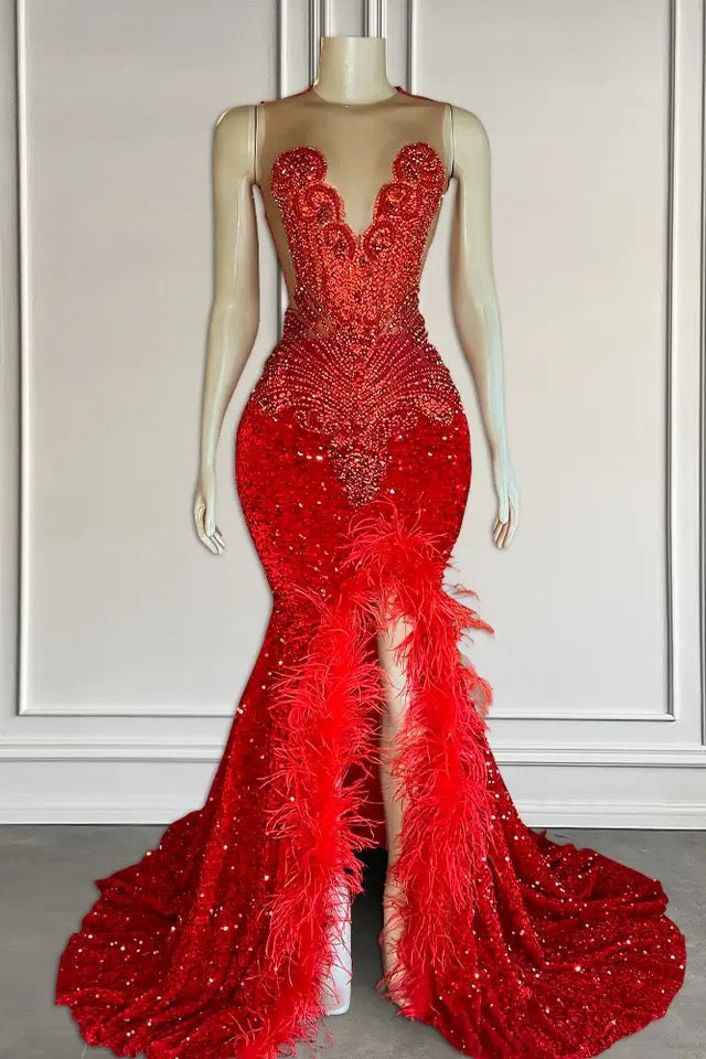 Mermaid Prom Dresses with Sequins Sleeveless Split Beadings and Feather Embellishments - Fashionpara