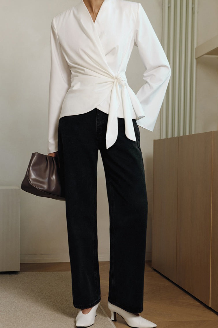 V Neck Asymmetric Tie Blouse