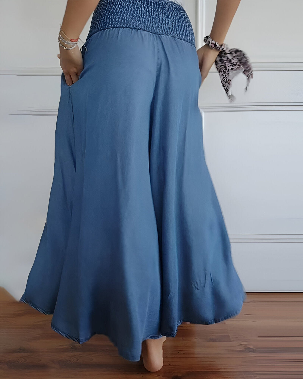 Smocked High Waist Wide Leg Denim Pants 5