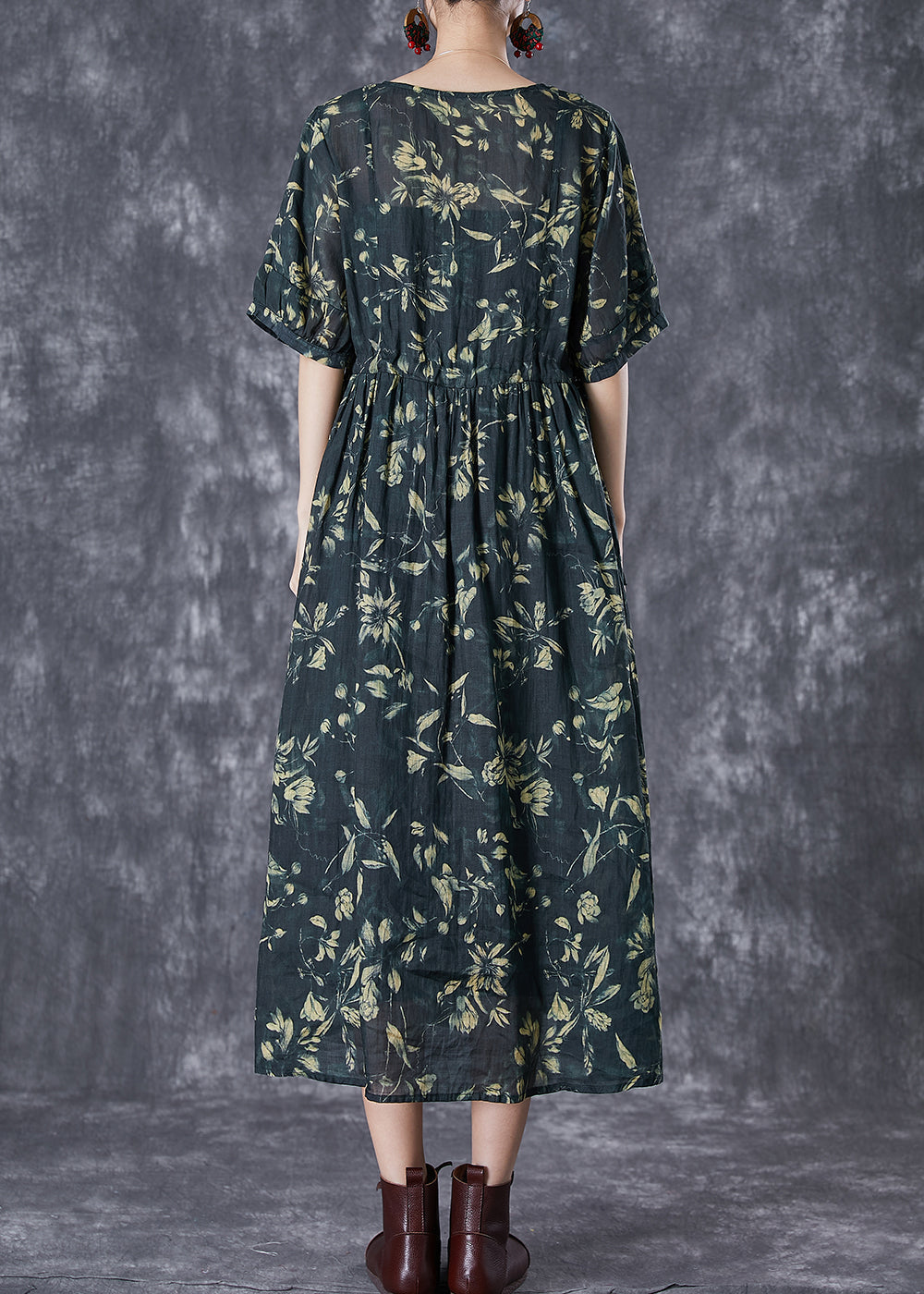 Botanical Print V-Neck Elbow Sleeve Gathered Waist Loose Midi Dress - View 4