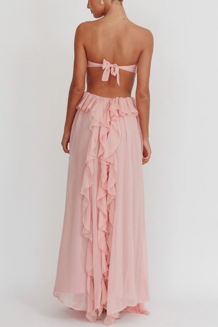 Gorgeous Vacation Halter Rose Detail Cut Out Ruffles Backless Maxi Dress - Fashionpara
