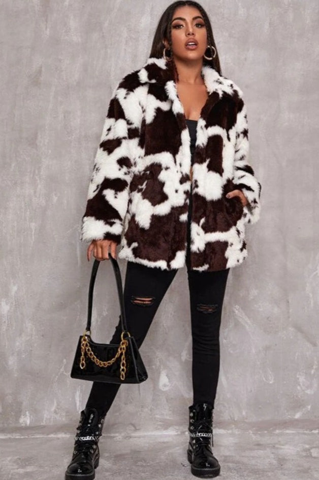 Chic Black and White Faux Fur Cow Print Coat for Style