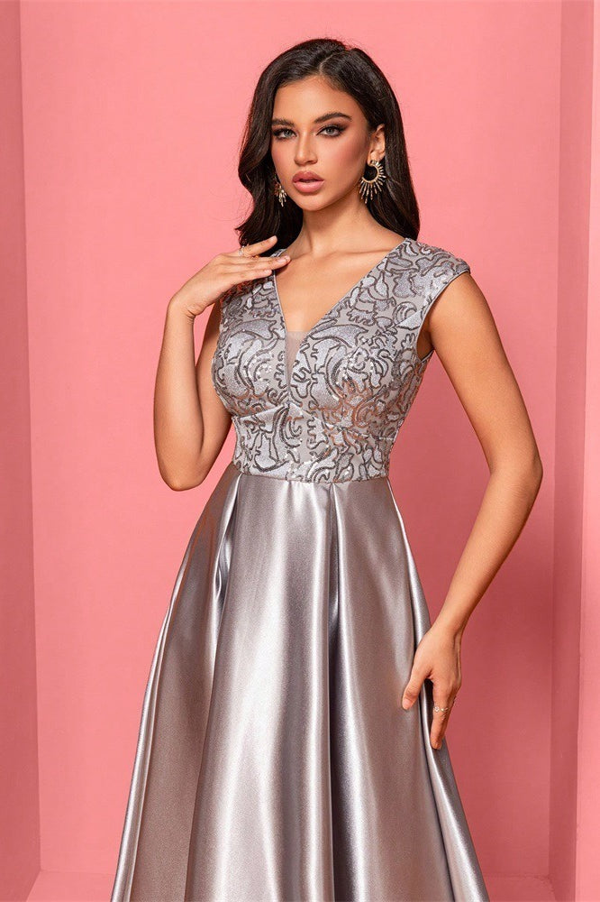 Lace Bodice V-Neck Cap Sleeve Satin A-Line Gown 5
