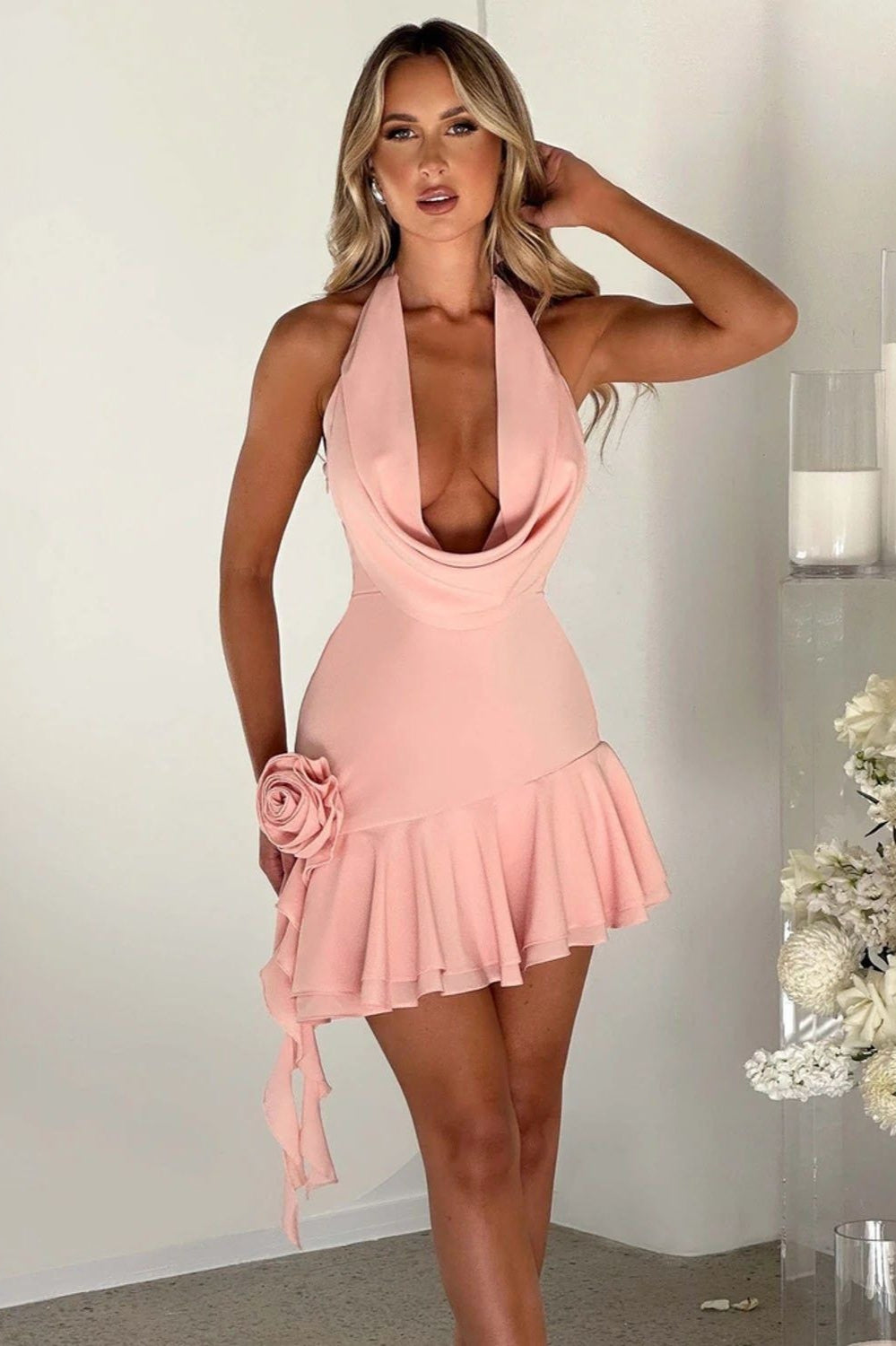 Halter Cowl Neck Rosette Ruffle Hem Bodycon Mini Dress