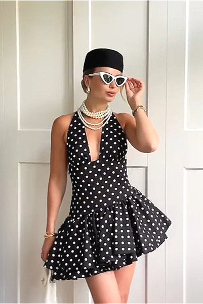 Polka Dot Halter Neck Plunge Tiered Skater Mini Dress