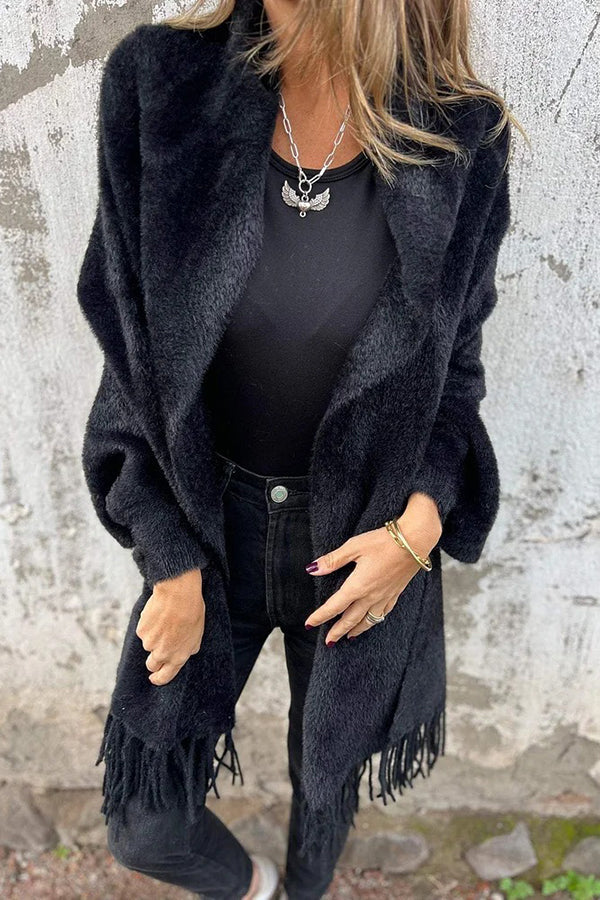 Relaxed Knit Plush Shawl Cardigan with Tassel Trim