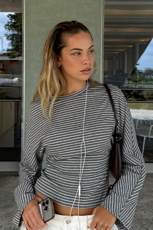 Striped Slim Waist Short Long Sleeve Crop Top