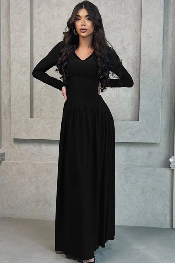V-Neck Long Sleeve Empire Waist Maxi Dress