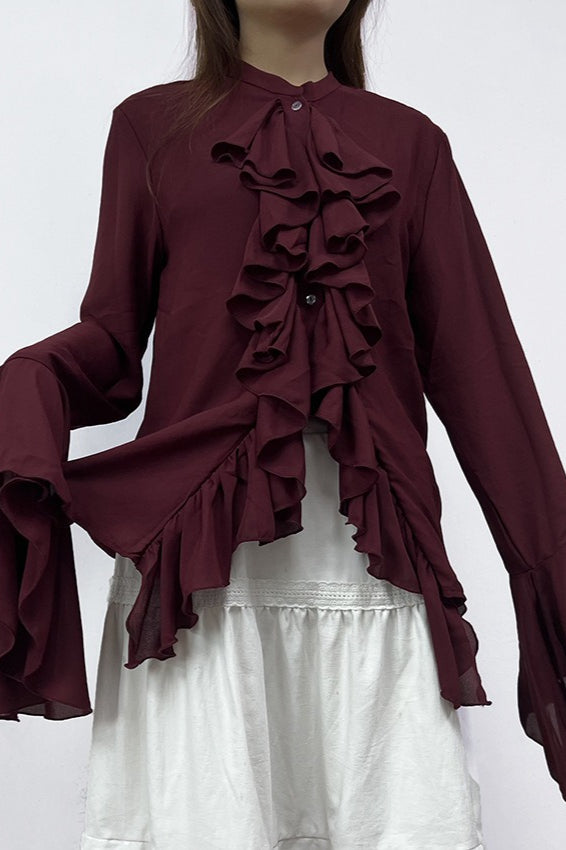 Elegant Ruffle Trim Button Blouse