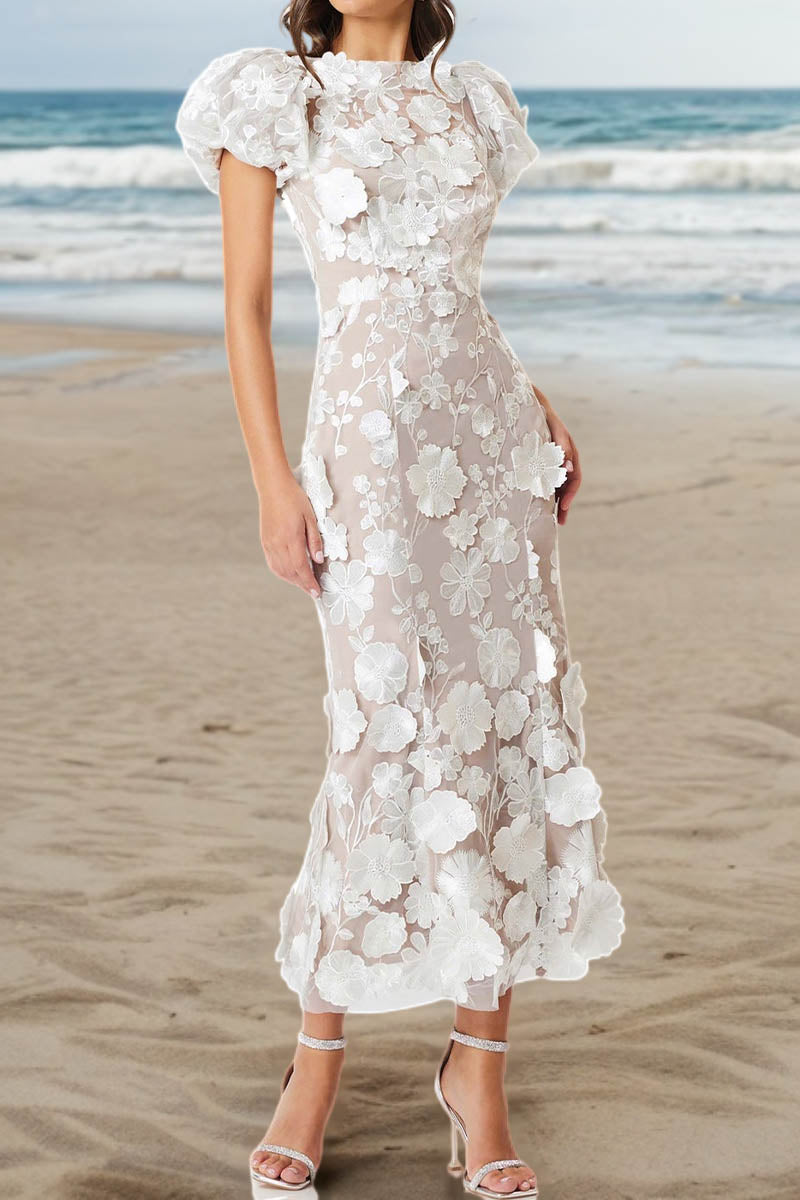 3D Lace Flower Crew Neck Puff Sleeve Midi Dress - Fashionpara
