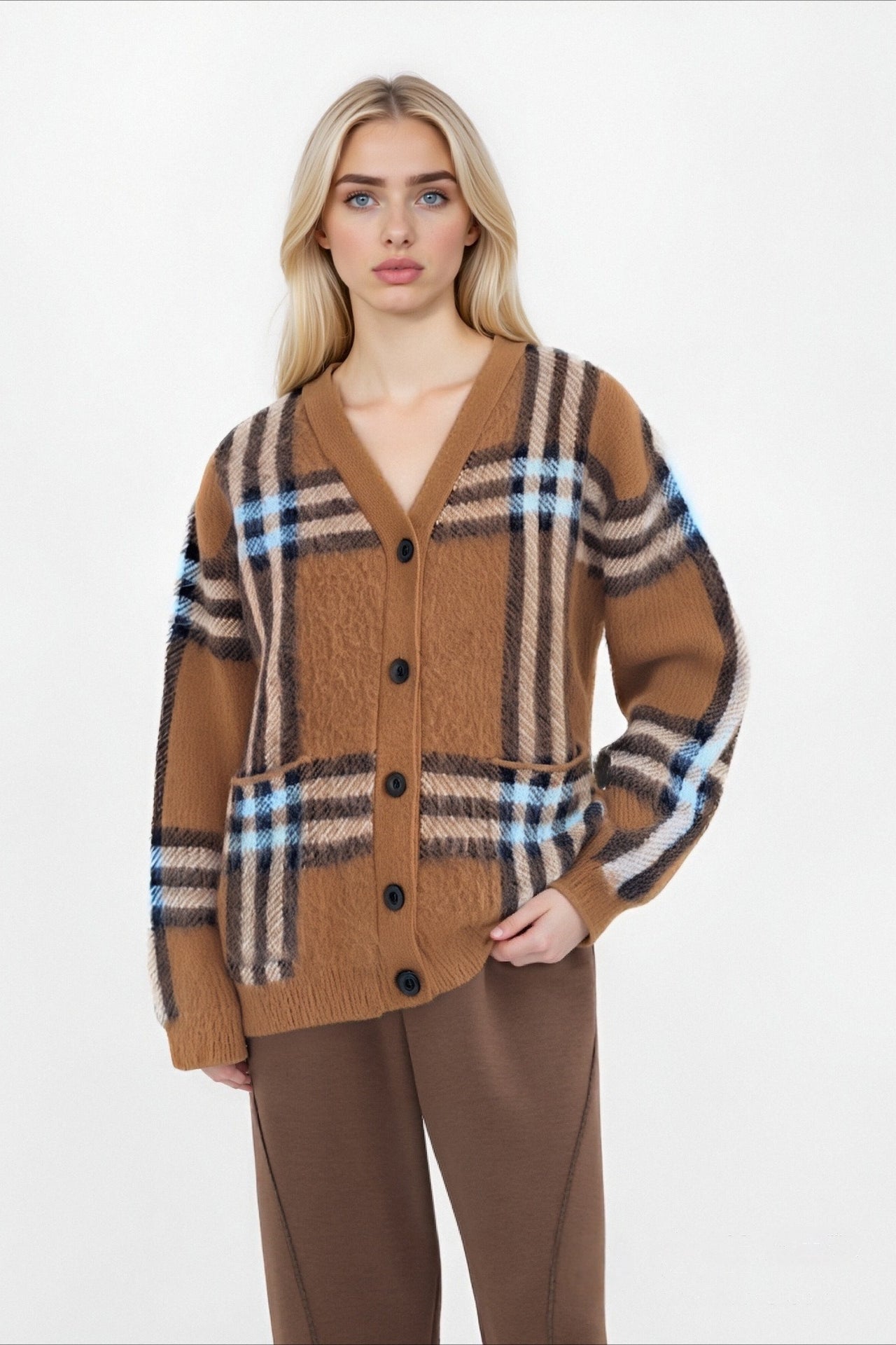 Plaid Retro Plus Size V Neck Knit Cardigan for Cozy Style