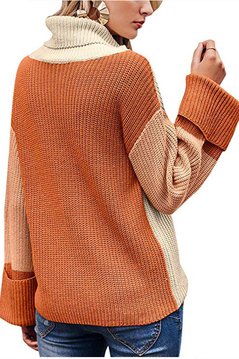 Turtleneck Patchwork Loose  Multicolor Sweater  Fashionpara