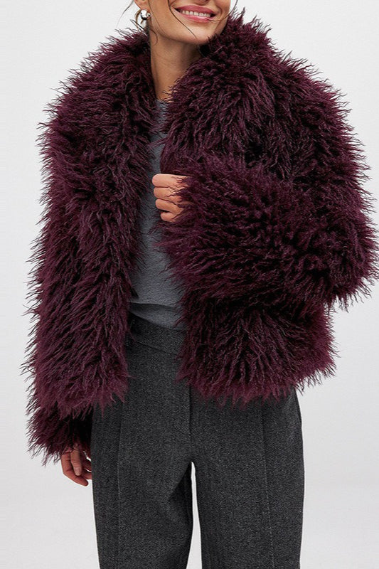Versatile Wine Red Faux Fur Solid Coat - Fashionpara