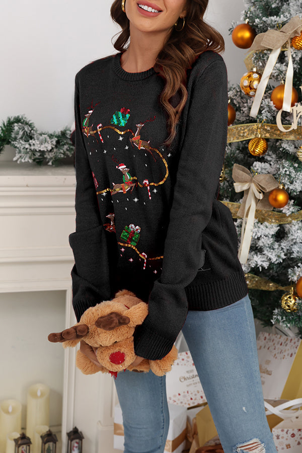 Lady Rin Christmas Print Crew Neck Long Sleeve Sweater