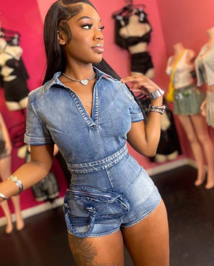 Pocket Denim V-neck Short Sleeve Romper