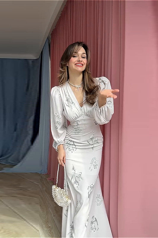 V Neck Printed Waist Belted Elegant Long Sleeve Slim Maxi Floral Dress