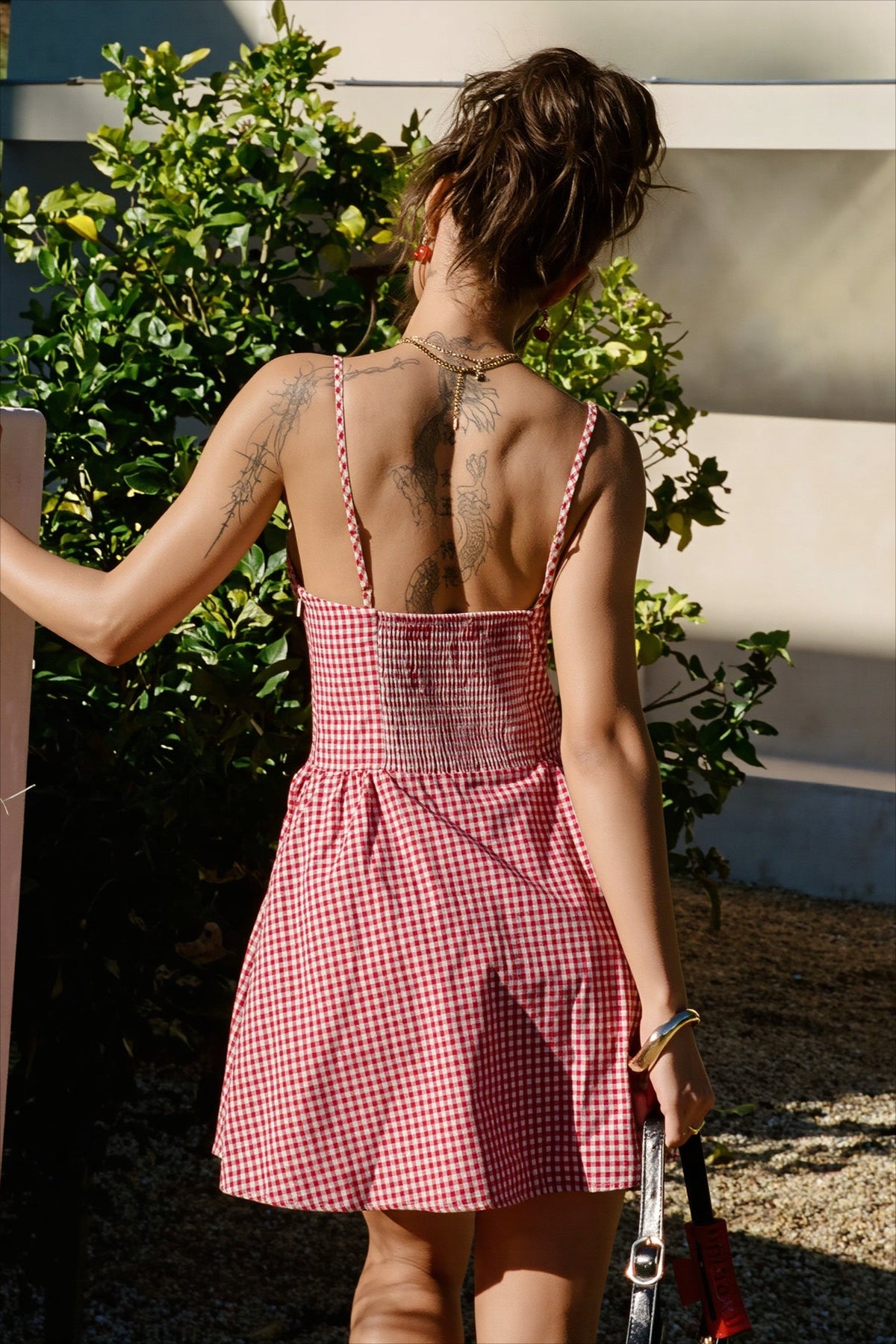 Gingham Sweetheart Neck Drop-Waist Mini Dress